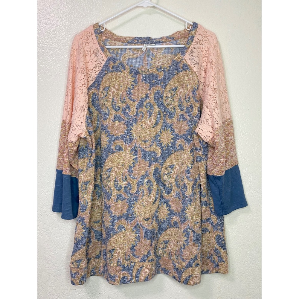 Cato Paisley Lace Colorblock Raglan Knit Top 3/4 Sleeve Plus Size 22/24W - 3X